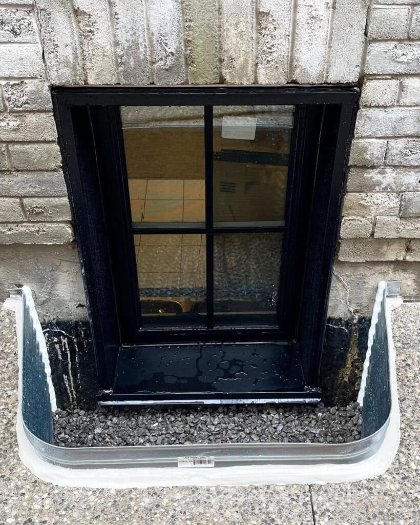 Professional window well installation showing black egress window with steel well and gravel drainage base